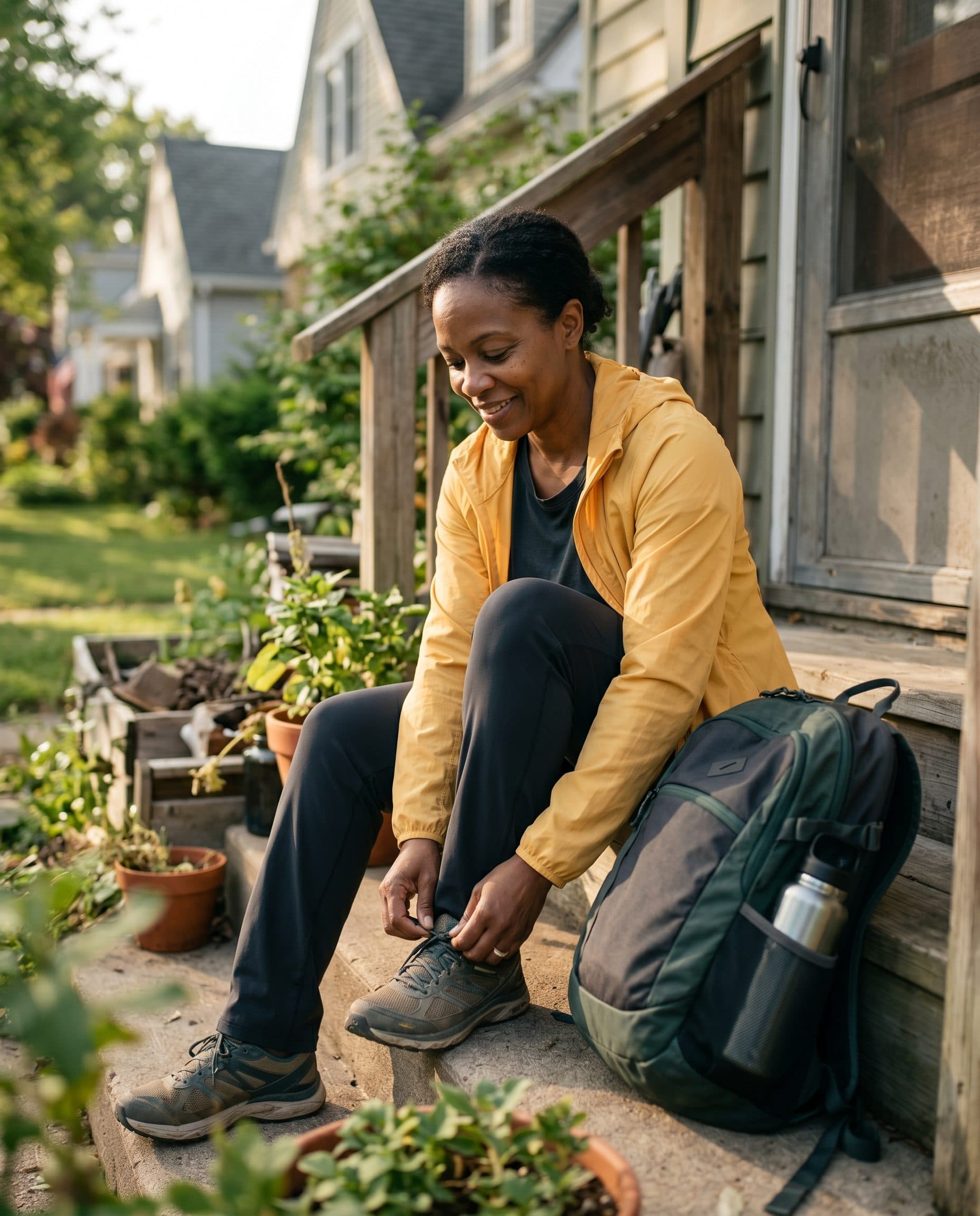 A smiling woman in a yellow jacket sits on her front steps lacing her walking shoes, a backpack beside her.