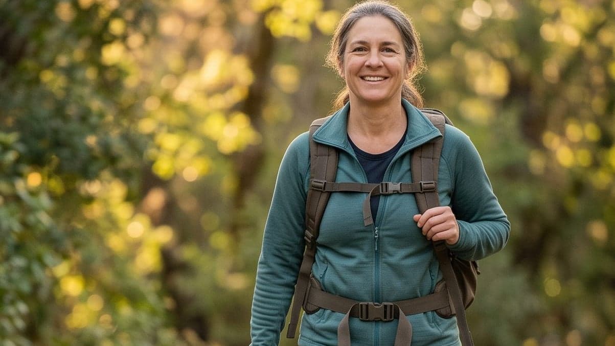 A smiling woman in a teal fleece walks a sunlit trail, with her pack's chest and hip straps fastened.