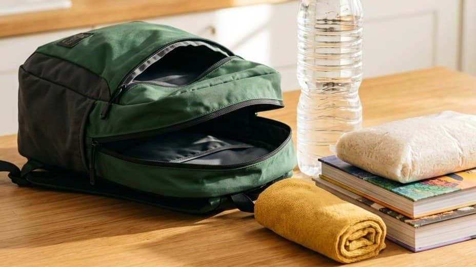 A green backpack lies open on a kitchen counter next to a bottle of water, a sealed bag of rice on a stack of hardcover books and a rolled yellow towel.