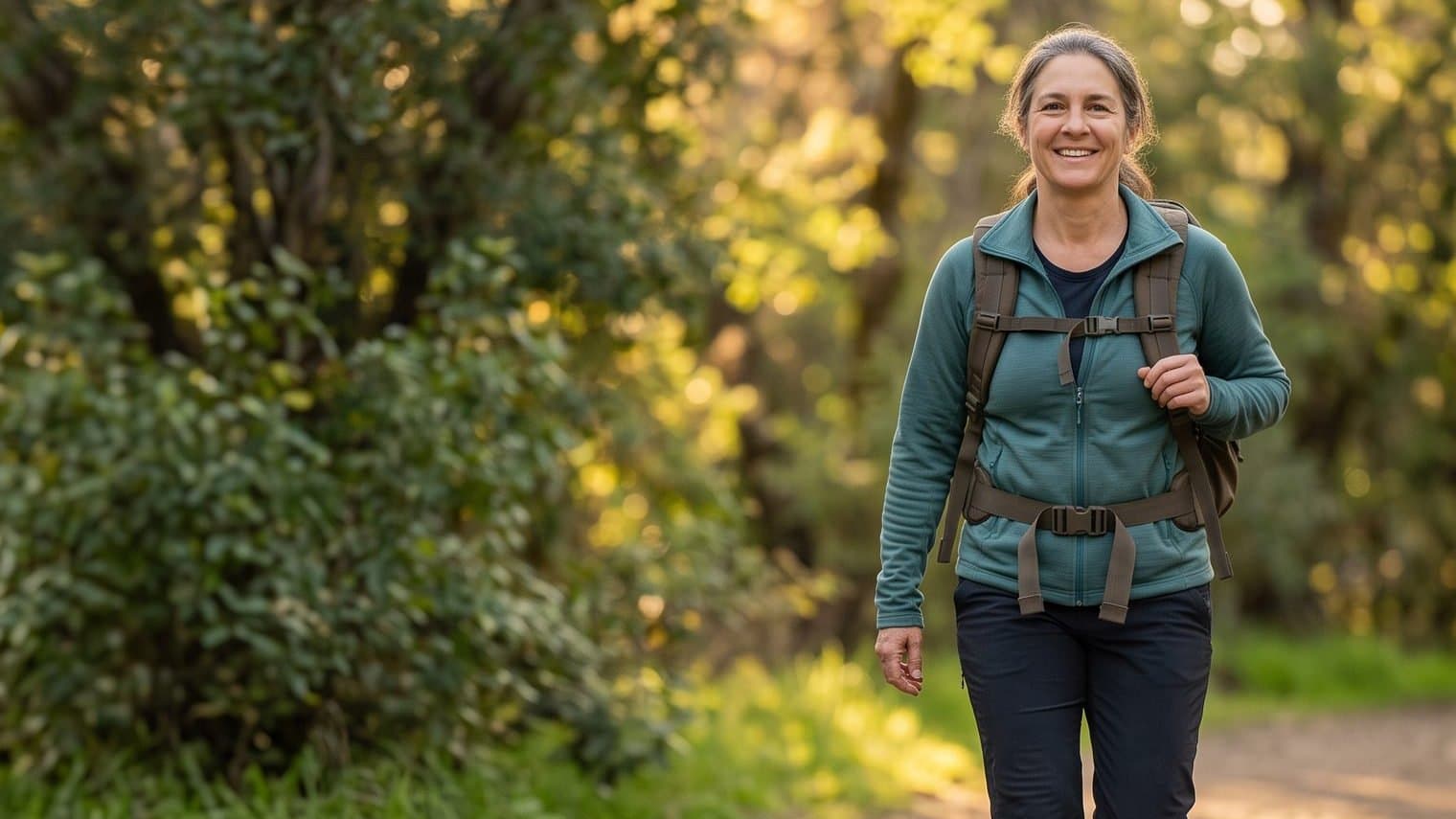 A smiling woman in a teal fleece walks along a sunlit forest trail wearing a backpack with its chest strap and hip belt buckled.