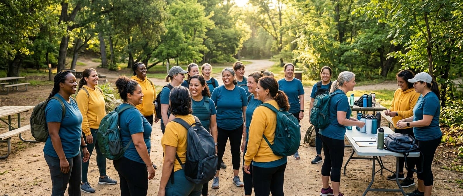 A smiling group of women of different ages and sizes, in teal and yellow tops with backpacks, gather in a park beside a table of water bottles before a walk.