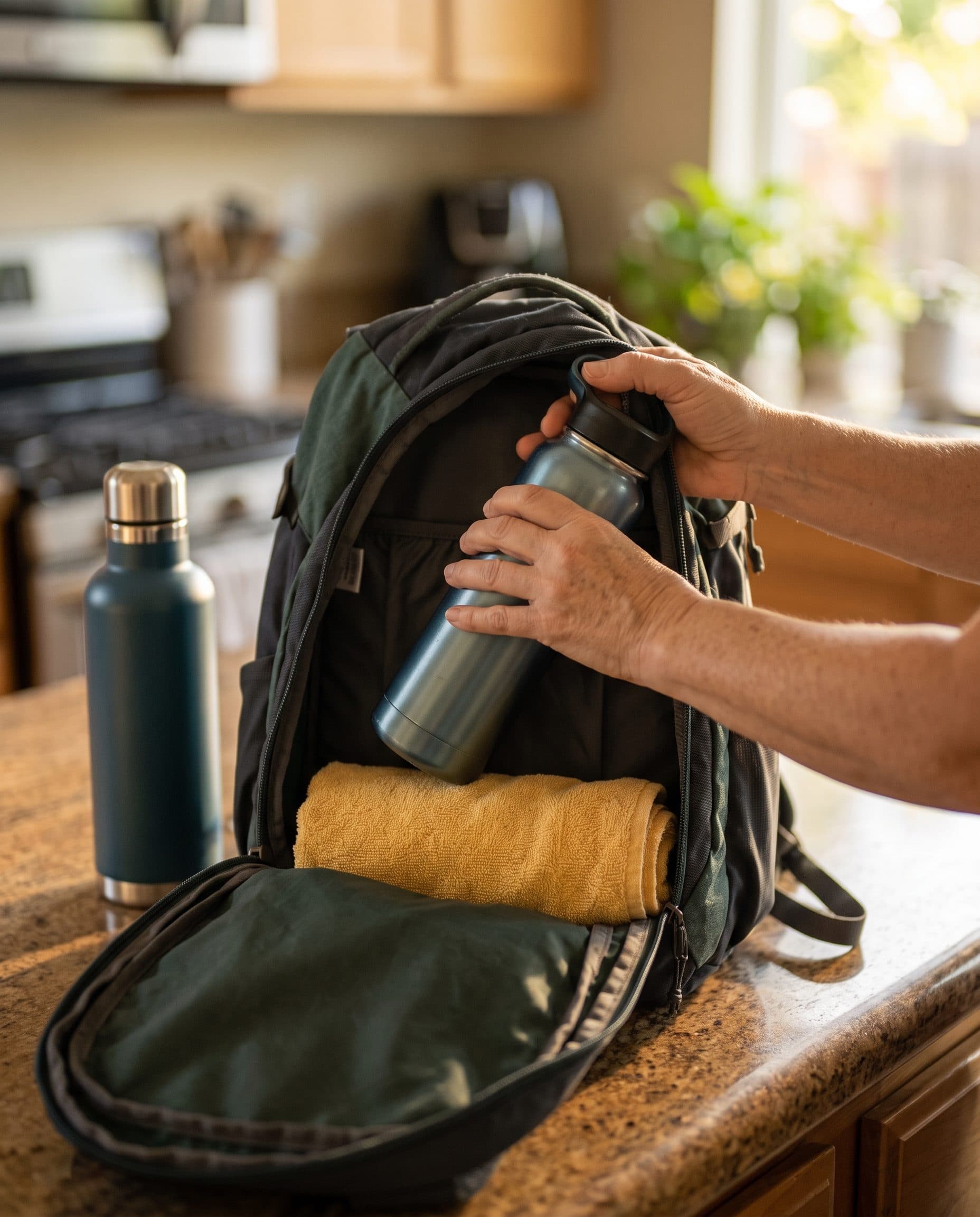 Hands slide a water bottle into an open backpack on a kitchen counter, with a rolled yellow towel already packed at the bottom.