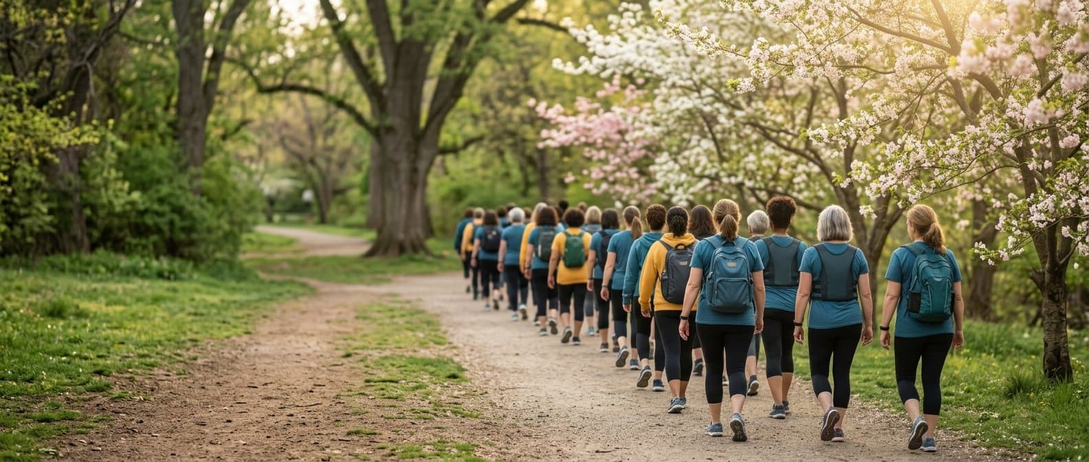 A long line of women in teal and yellow walk away from the camera along a park path under spring blossoms, wearing backpacks and walking vests.