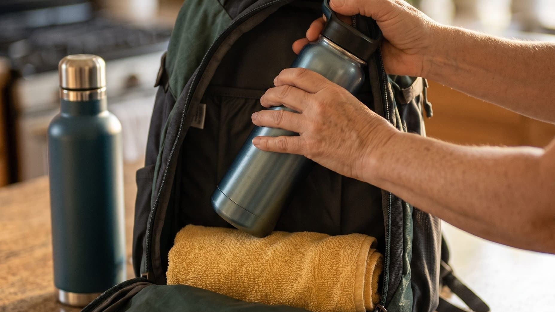 Hands slide a water bottle into an open backpack on a kitchen counter, with a rolled yellow towel already packed at the bottom.
