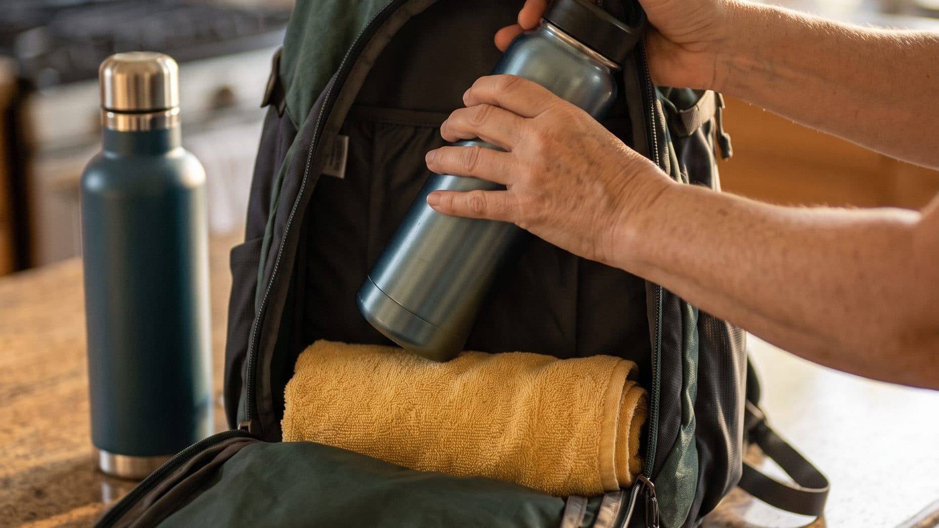 Hands slide a water bottle into an open backpack on a kitchen counter, with a rolled yellow towel packed below it and a second bottle beside the pack.