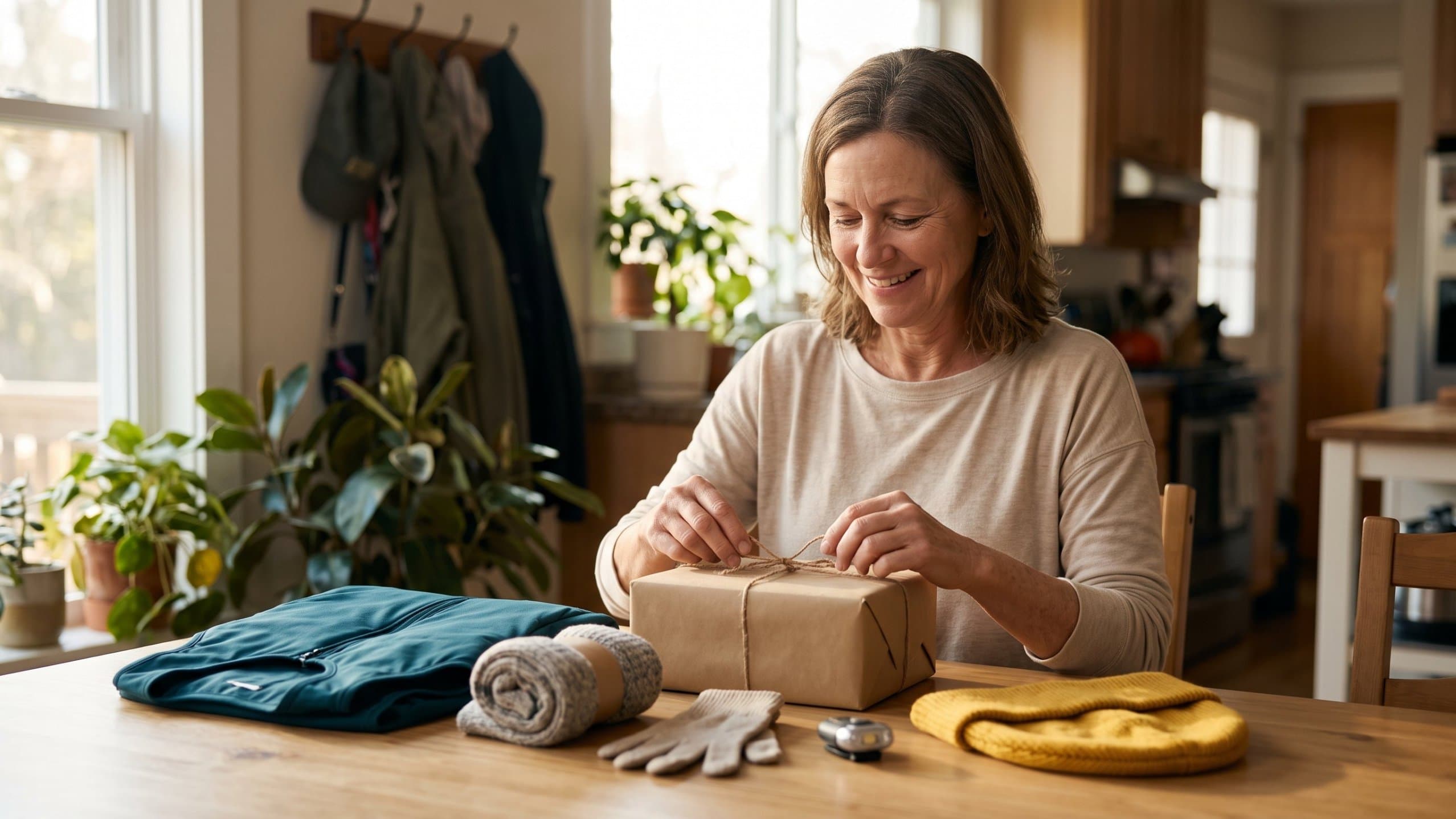 A smiling woman ties twine around a gift wrapped in kraft paper at a kitchen table, beside a folded teal vest, wool socks, gloves, a clip-on light and a yellow hat.
