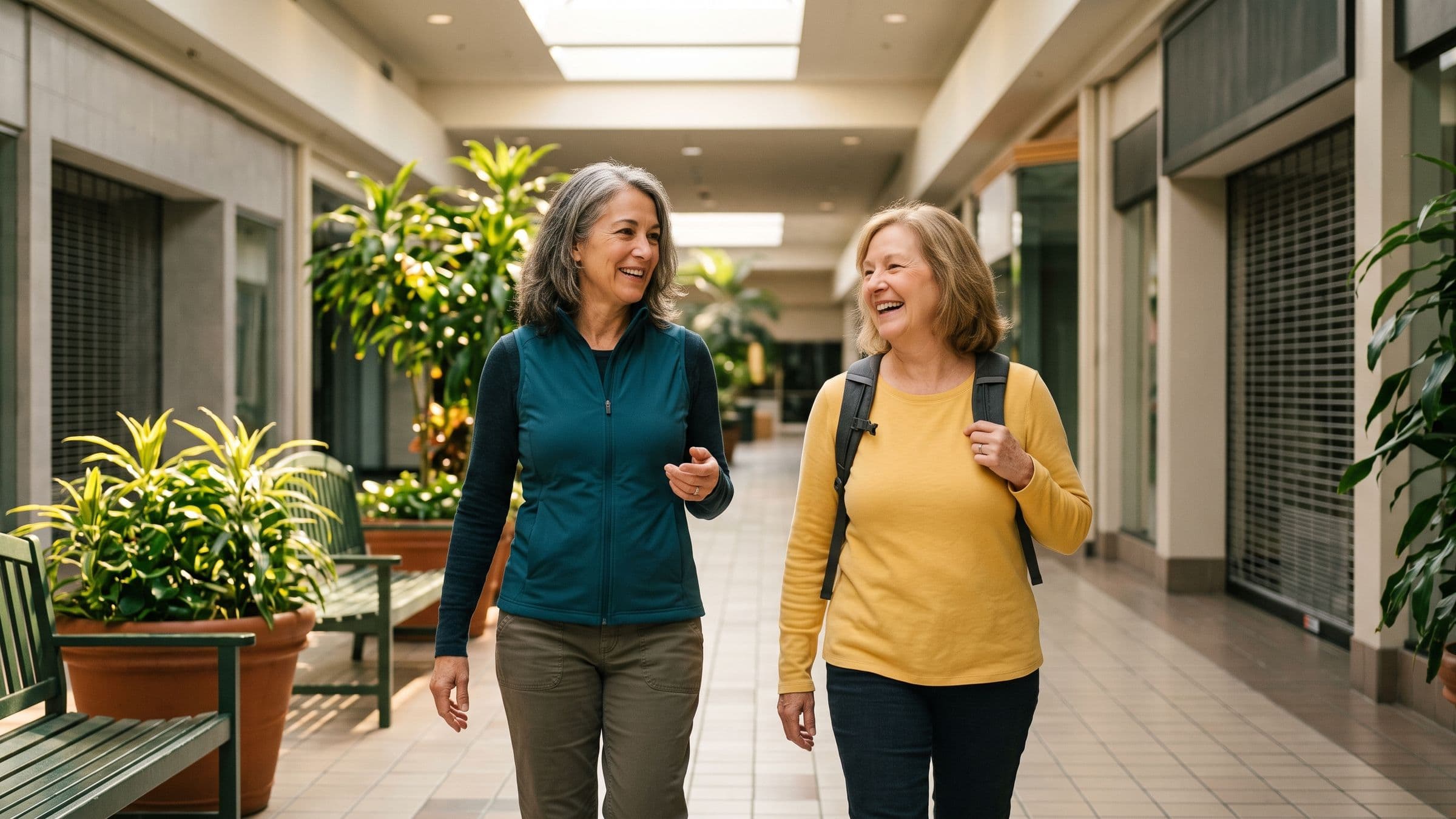 Two smiling women in their 50s and 60s walk side by side down a quiet indoor mall before the stores open, one in a teal vest, the other with a backpack, past benches and potted plants.