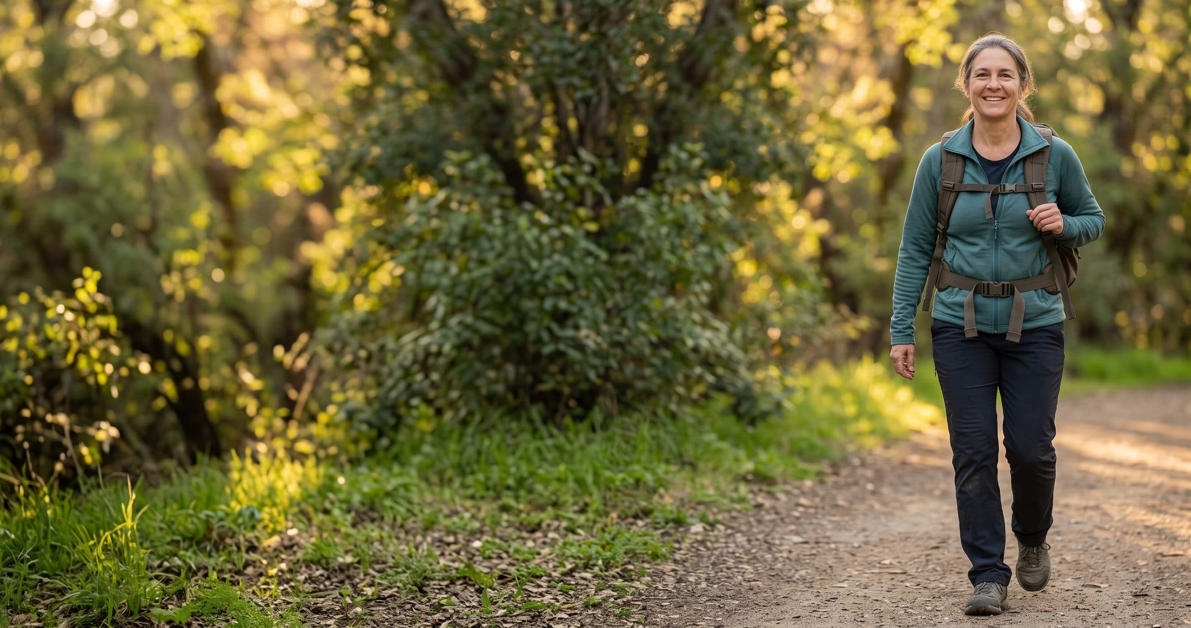 A woman in a teal fleece walks a sunlit forest trail, wearing a backpack.